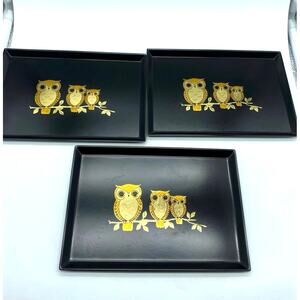 Vintage Otagiri‎  Black & Gold set of 3 Owl Trinket Tray Japan - Retro
